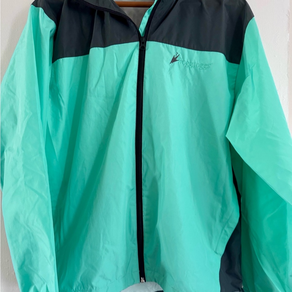Frogg Toggs Rain Jacket L/XL Packable Hooded Waterproof Teal Black Like New